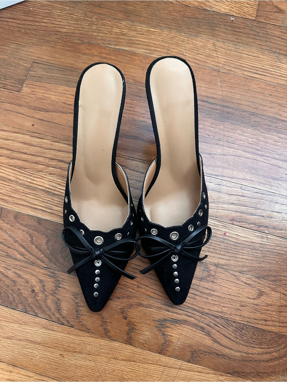Slip-On Pointed Toe Mules with Stud & Bow Detail - Black